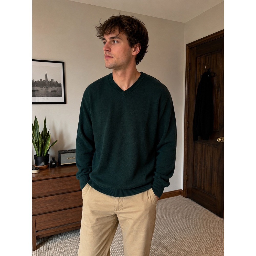 Club Room Charter Club 100% Lambswool V-Neck Sweater Green Men's Large Macau